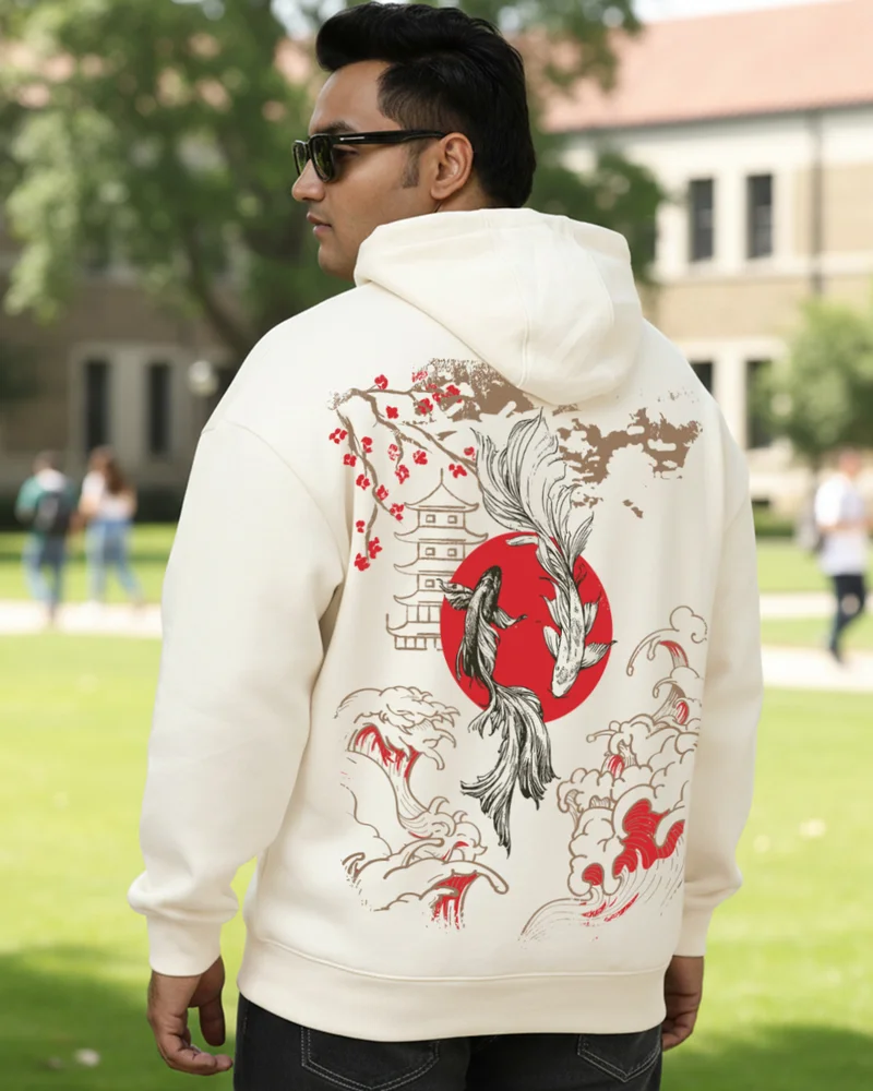 بيواكوف Men's Gardenia Koi Spirit Graphic Printed Oversized Plus Size Hoodies